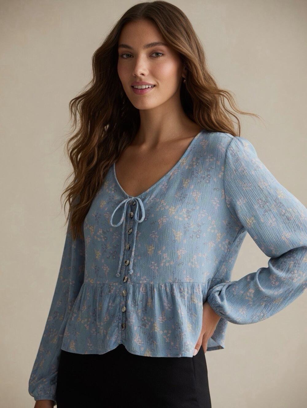 Self E Top Country Cottage Feminine Floral Flowy Baby Doll Romantic Pelpum Blue